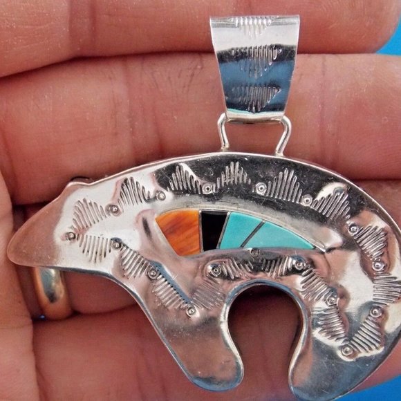 LARGE Navajo Handmade Sterling Silver Multicolor Inlay Bear Pendant 31g - Picture 5 of 7